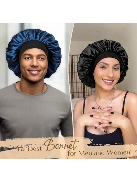 〽️Women Navy Blue Silk Bonnet Sleeping Double Layer Satin Natural Curly Hair Cap main image 6